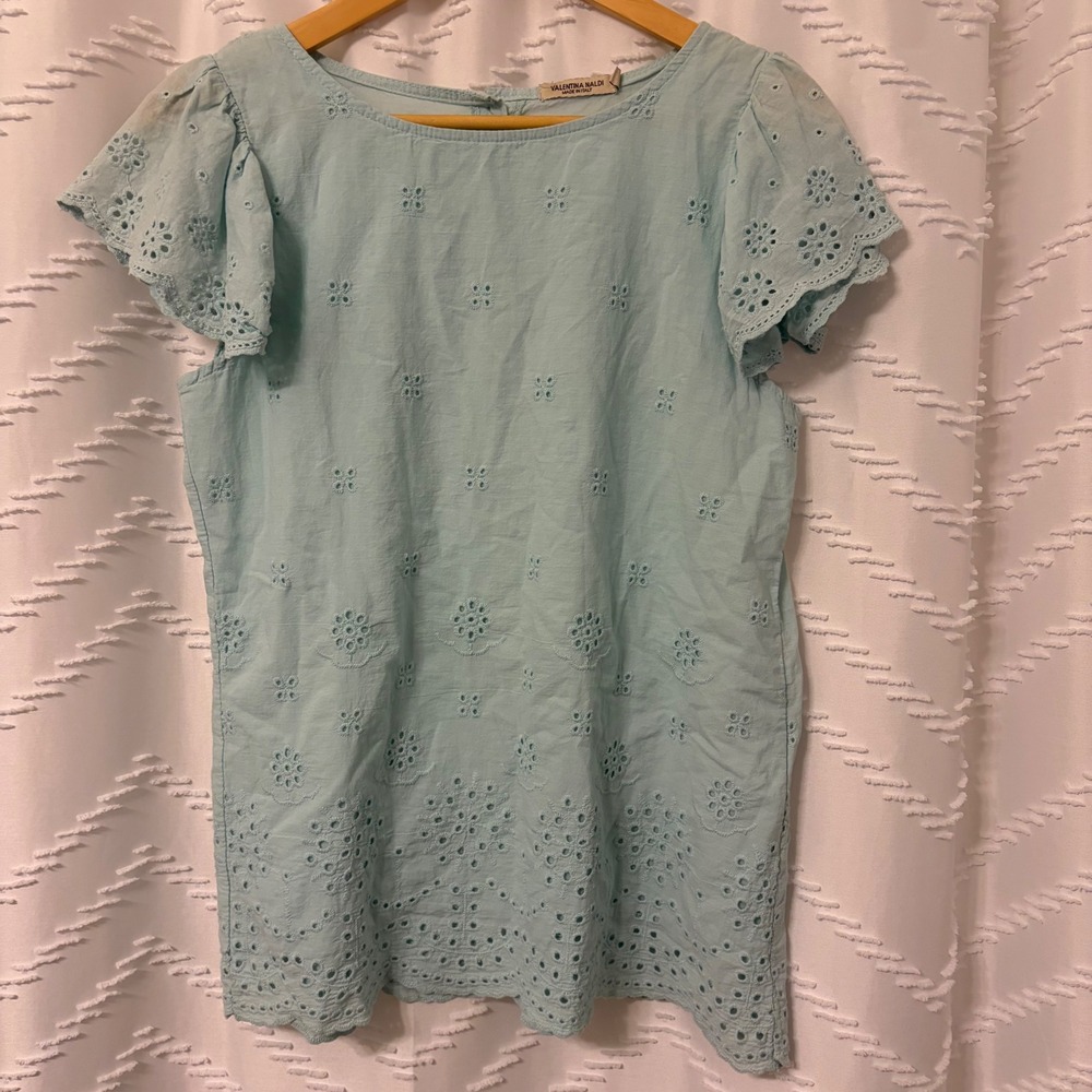 Valentina Naldi Italy Light Blue Eyelet Cotton Flutter Sleeve Blouse Small 20964 - Picture 1 of 5
